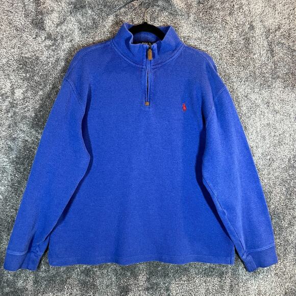 Polo Ralph Lauren Sweatshirt Mens XL Blue 1/4 Zip Pullover Preppy Red Pony - Picture 1 of 9